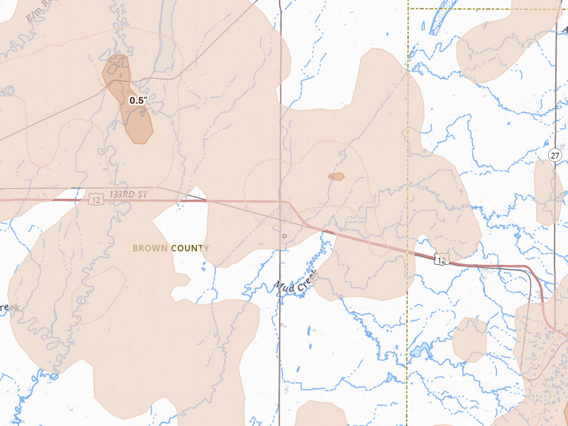 Radar-estimated hail-size map of the storm over Groton, SD on Jul 7, 2026