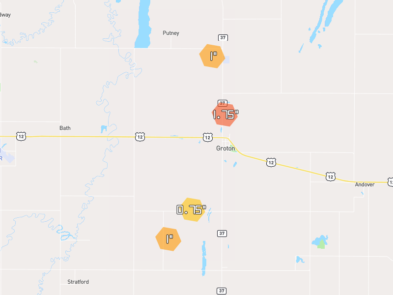 Hail map of Groton, SD on Jul 8, 2026, hail up to 1.75"