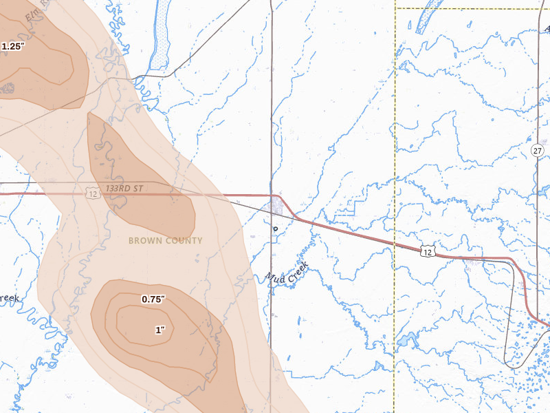 Radar-estimated hail-size map of the storm over Groton, SD on Jul 24, 2026
