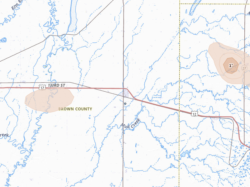 Radar-estimated hail-size map of the storm over Groton, SD on Jul 25, 2026
