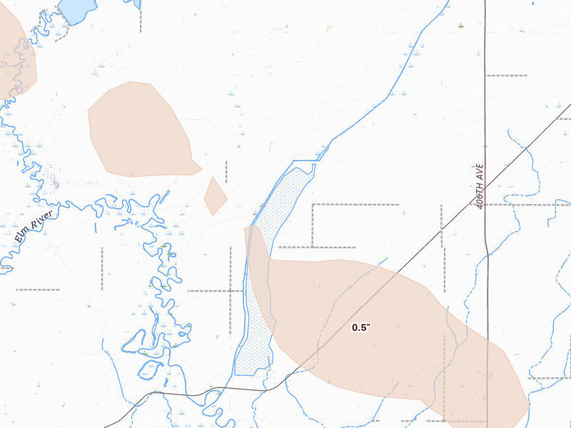 Radar-estimated hail-size map of the storm over Groton, SD on Aug 24, 2026