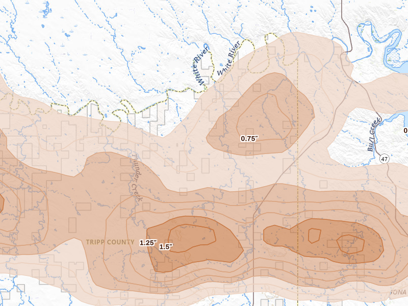 Radar-estimated hail-size map of the storm over Hamill, SD on Jun 3, 2026