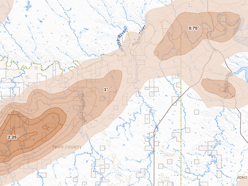 Radar-estimated hail-size map of the storm over Hamill, SD on Jun 4, 2026