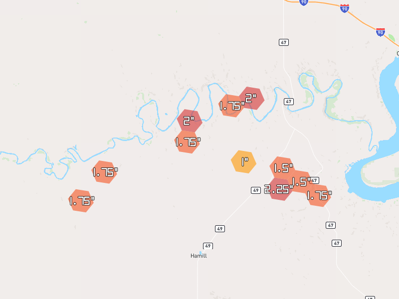 Hail map of Hamill, SD on Jun 5, 2026, hail up to 2.25"
