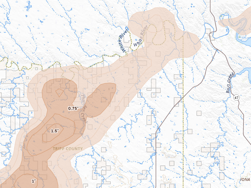 Radar-estimated hail-size map of the storm over Hamill, SD on Jul 6, 2026