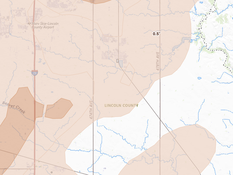 Radar-estimated hail-size map of the storm over Harrisburg, SD on May 17, 2026