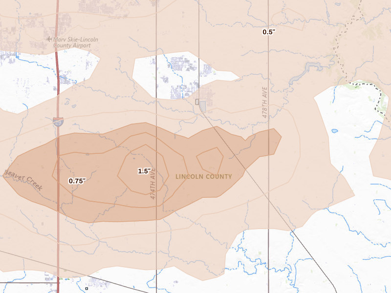 Radar-estimated hail-size map of the storm over Harrisburg, SD on May 24, 2026