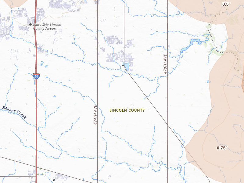 Radar-estimated hail-size map of the storm over Harrisburg, SD on Jul 4, 2026