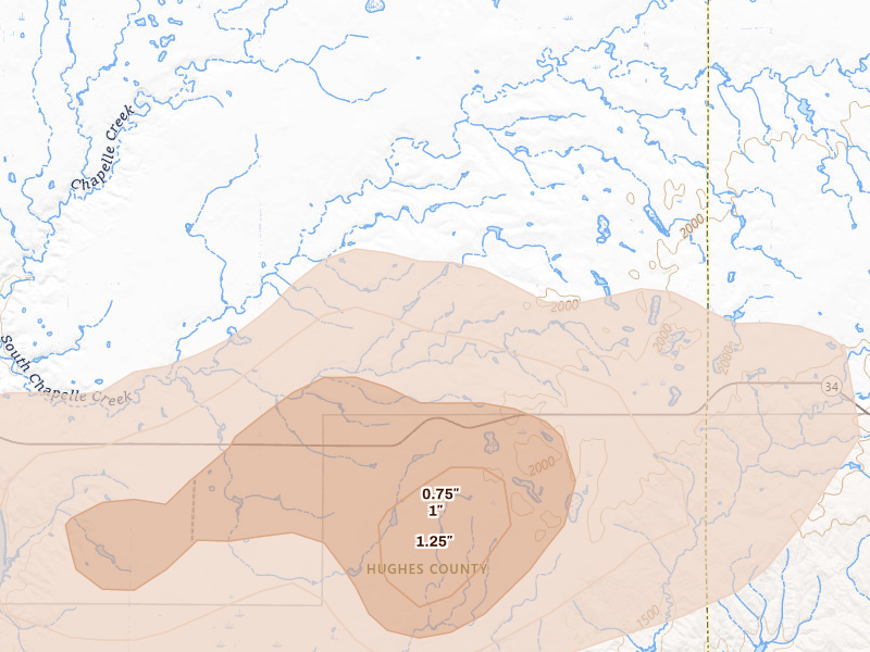 Radar-estimated hail-size map of the storm over Harrold, SD on Jun 2, 2026