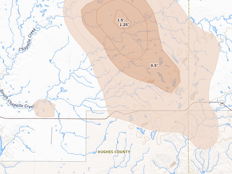 Radar-estimated hail-size map of the storm over Harrold, SD on Jun 4, 2026