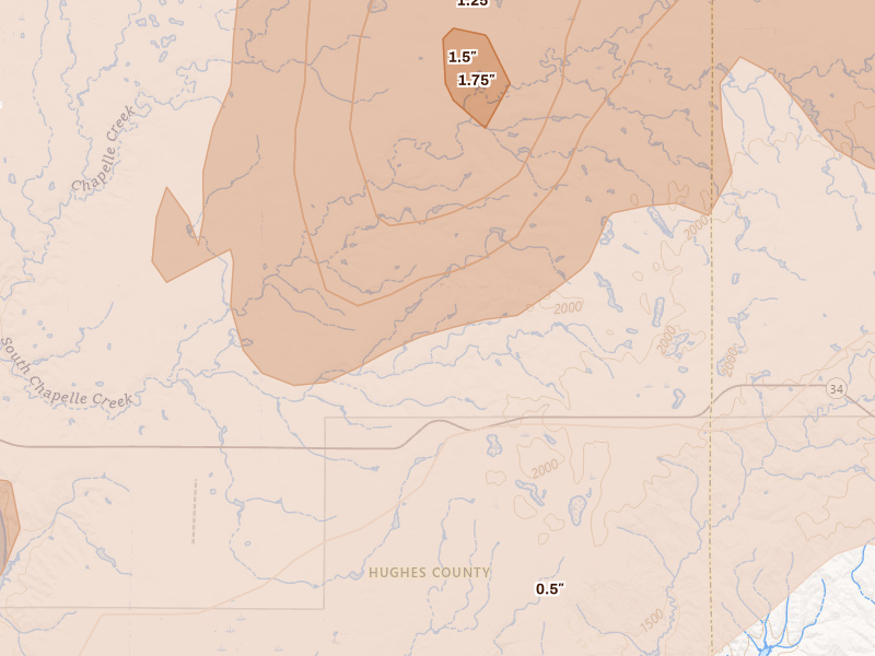 Radar-estimated hail-size map of the storm over Harrold, SD on Jun 28, 2026