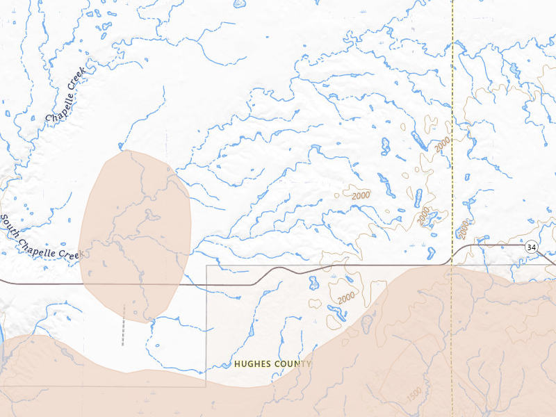 Radar-estimated hail-size map of the storm over Harrold, SD on Jul 2, 2026