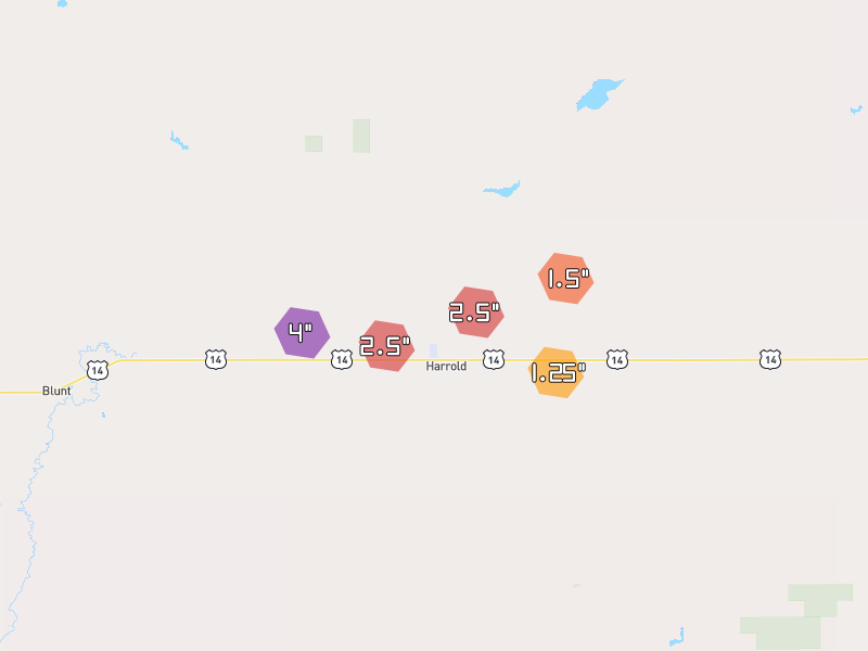 Hail map of Harrold, SD on Jul 25, 2026, hail up to 4"