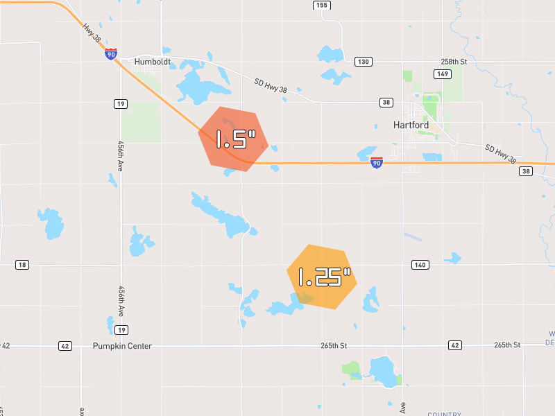 Hail map of Hartford, SD on Jun 1, 2026, hail up to 1.5"
