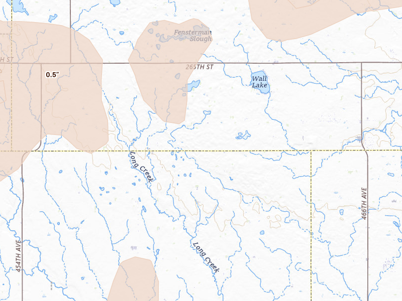Radar-estimated hail-size map of the storm over Hartford, SD on Jul 2, 2026