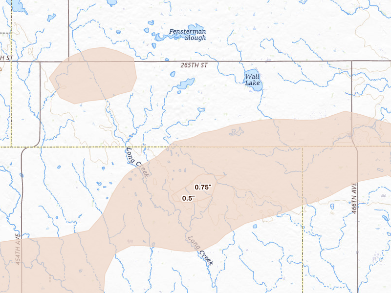 Radar-estimated hail-size map of the storm over Hartford, SD on Jul 25, 2026