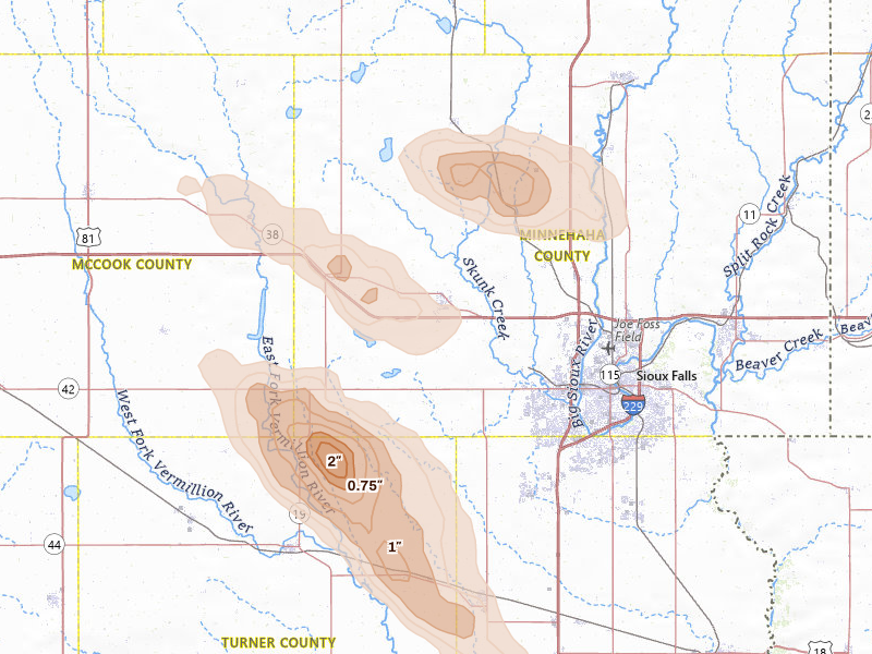 Radar-estimated hail-size map of the storm over Hartford, SD on Aug 20, 2026