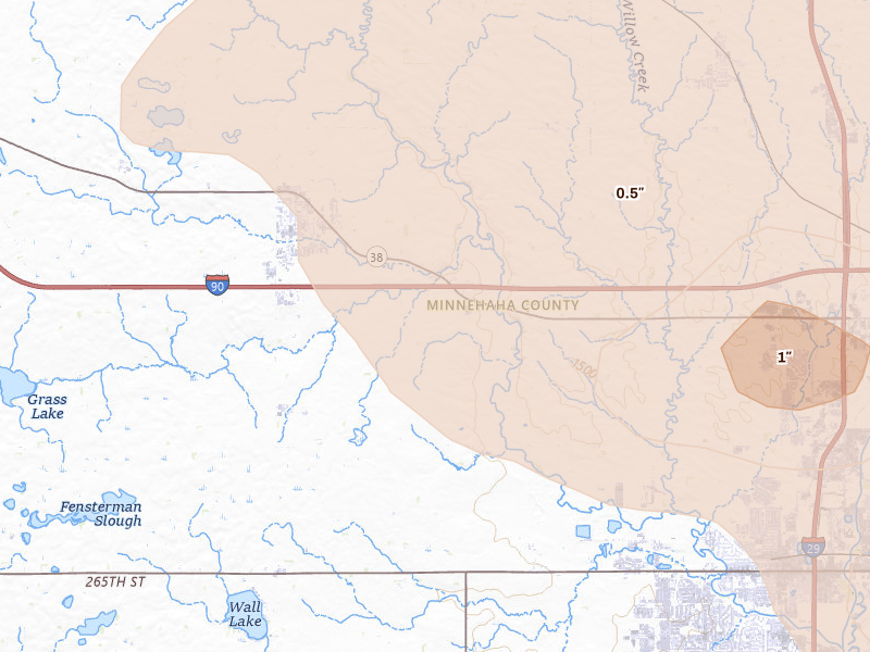 Radar-estimated hail-size map of the storm over Hartford, SD on Aug 28, 2026
