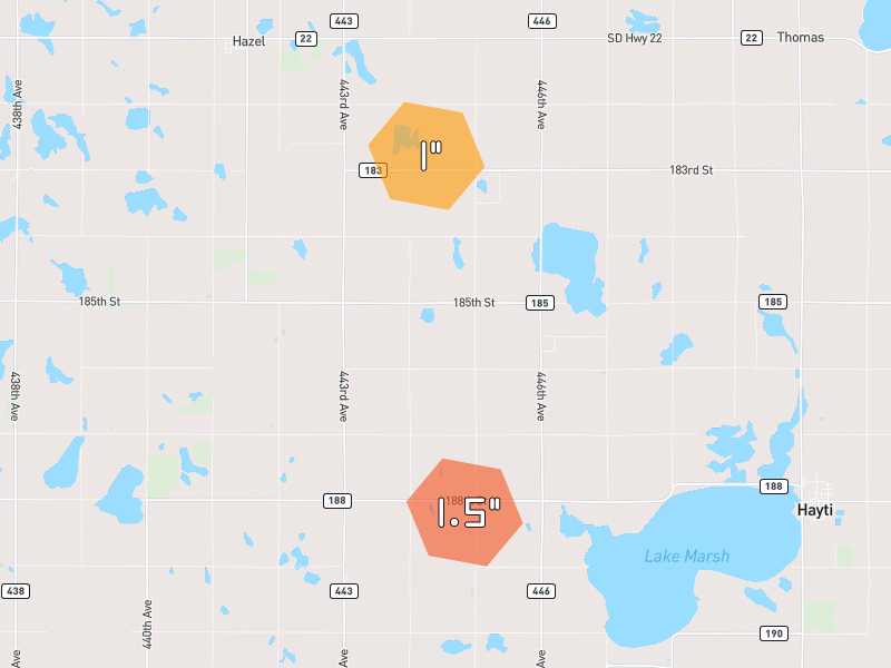 Hail map of Hayti, SD on Jun 3, 2026, hail up to 1.5"