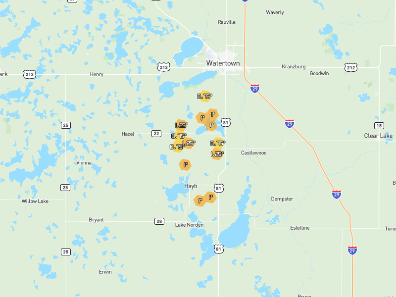 Hail map of Hayti, SD on Jun 4, 2026, hail up to 1.5"