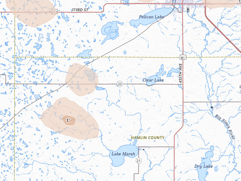 Radar-estimated hail-size map of the storm over Hayti, SD on Jul 6, 2026