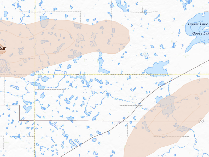 Radar-estimated hail-size map of the storm over Hazel, SD on Jun 3, 2026