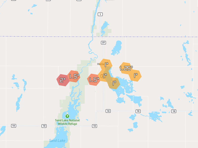 Hail map of Hecla, SD on Jun 3, 2026, hail up to 2"