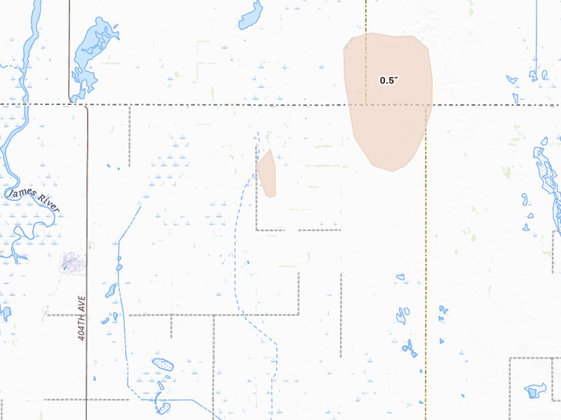Radar-estimated hail-size map of the storm over Hecla, SD on Aug 24, 2026