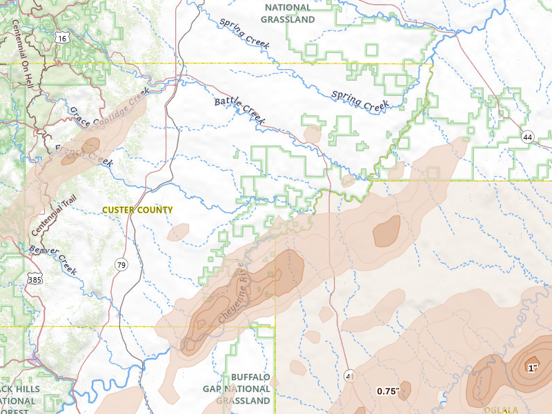 Radar-estimated hail-size map of the storm over Hermosa, SD on Jun 2, 2026