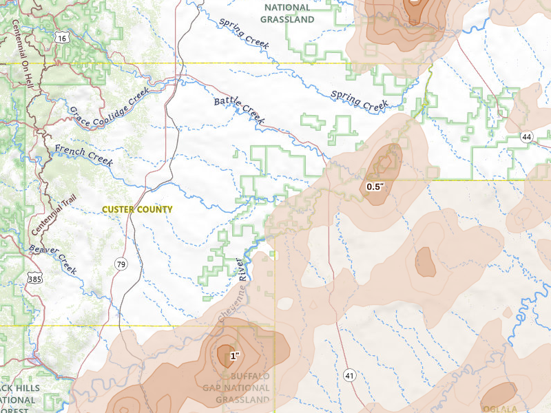 Radar-estimated hail-size map of the storm over Hermosa, SD on Jun 27, 2026