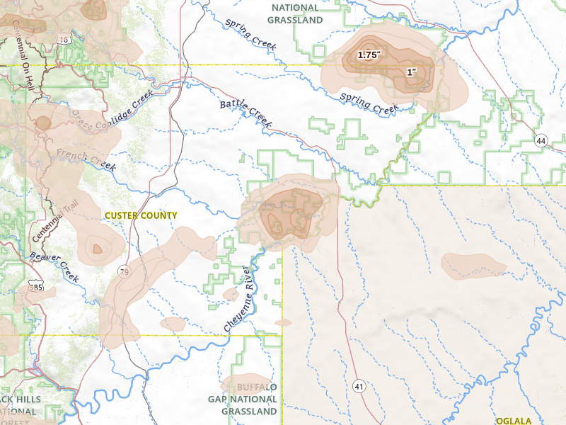 Radar-estimated hail-size map of the storm over Hermosa, SD on Jul 3, 2026
