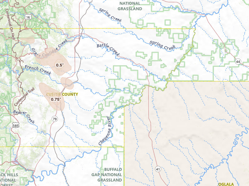 Radar-estimated hail-size map of the storm over Hermosa, SD on Jul 28, 2026