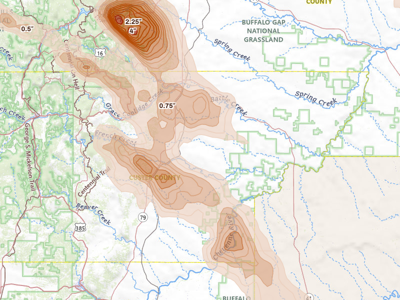 Radar-estimated hail-size map of the storm over Hermosa, SD on Aug 11, 2026