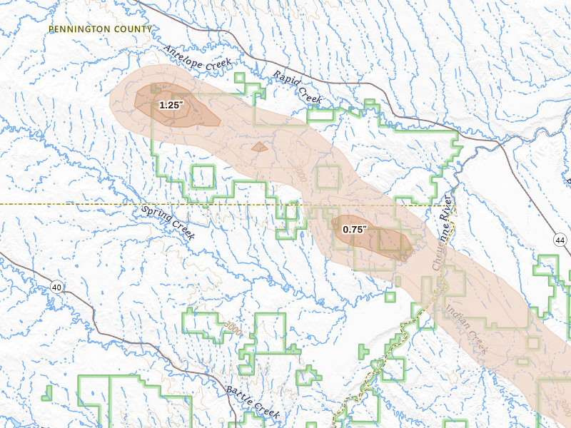 Radar-estimated hail-size map of the storm over Hermosa, SD on Aug 16, 2026