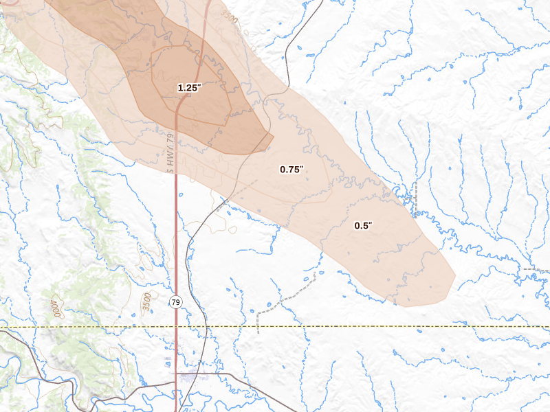 Radar-estimated hail-size map of the storm over Hermosa, SD on Aug 18, 2026
