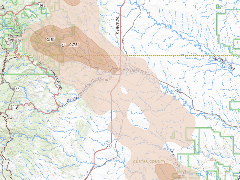 Radar-estimated hail-size map of the storm over Hermosa, SD on Aug 23, 2026