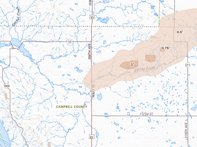Radar-estimated hail-size map of the storm over Herreid, SD on Jul 7, 2026