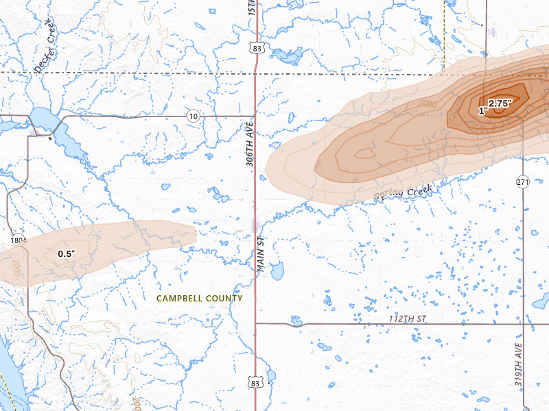 Radar-estimated hail-size map of the storm over Herreid, SD on Jul 19, 2026