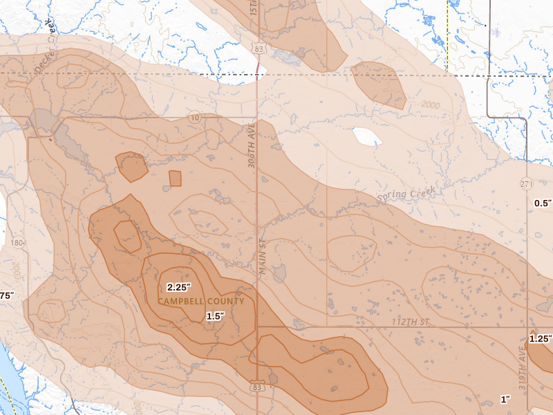 Radar-estimated hail-size map of the storm over Herreid, SD on Aug 8, 2026