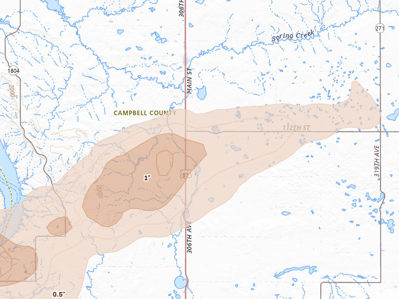 Radar-estimated hail-size map of the storm over Herreid, SD on Aug 24, 2026