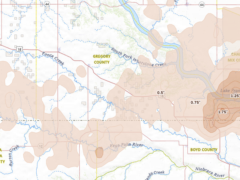 Radar-estimated hail-size map of the storm over Herrick, SD on Jun 27, 2026