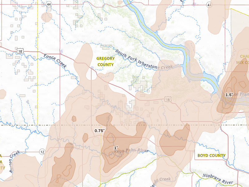 Radar-estimated hail-size map of the storm over Herrick, SD on Jun 30, 2026