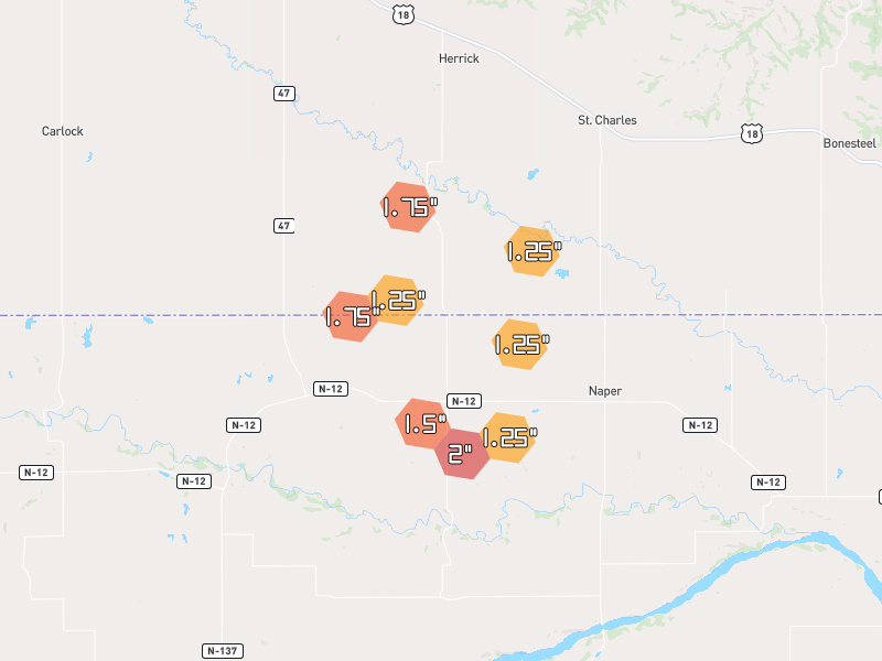 Hail map of Herrick, SD on Jul 1, 2026, hail up to 2"