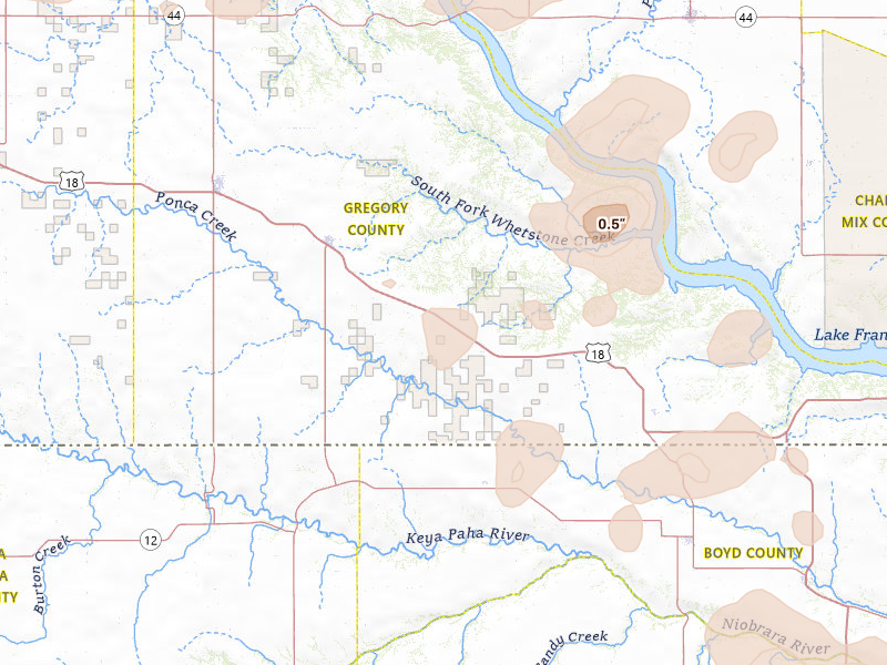 Radar-estimated hail-size map of the storm over Herrick, SD on Jul 2, 2026