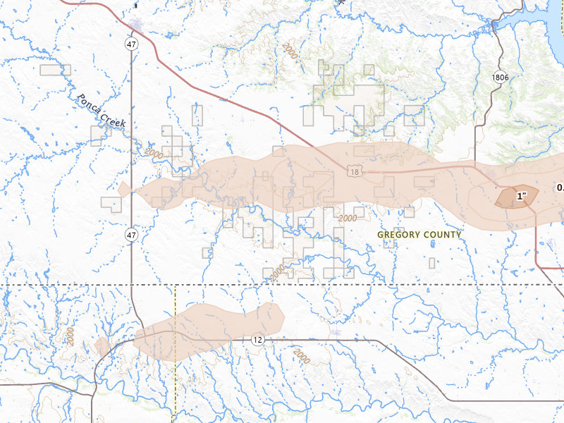 Radar-estimated hail-size map of the storm over Herrick, SD on Aug 3, 2026