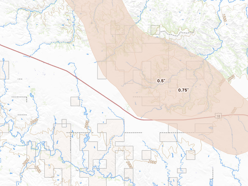 Radar-estimated hail-size map of the storm over Herrick, SD on Aug 6, 2026