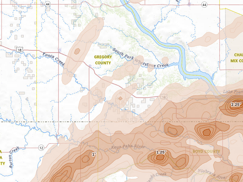 Radar-estimated hail-size map of the storm over Herrick, SD on Sep 1, 2026