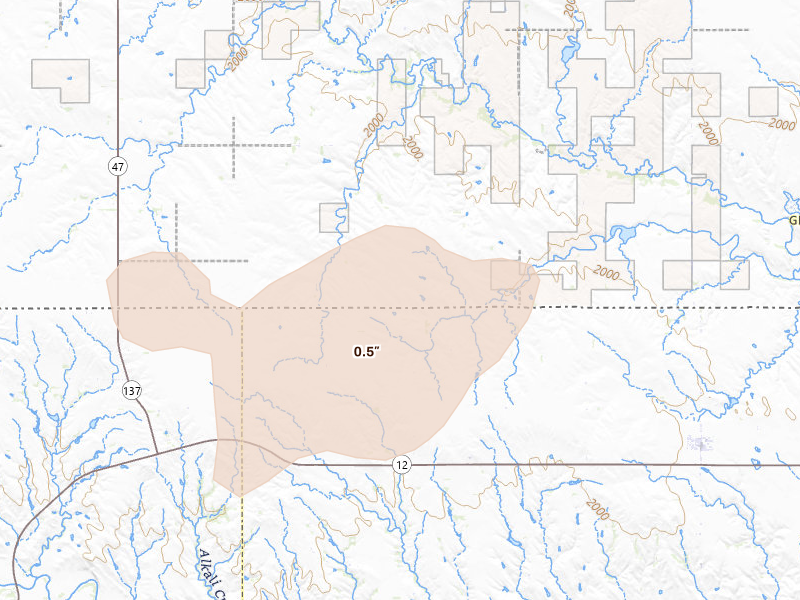 Radar-estimated hail-size map of the storm over Herrick, SD