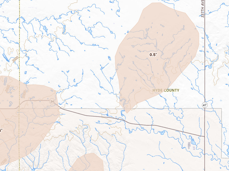Radar-estimated hail-size map of the storm over Highmore, SD on Jun 2, 2026