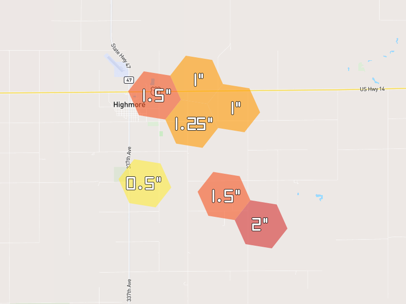 Hail map of Highmore, SD on Jun 5, 2026, hail up to 2"